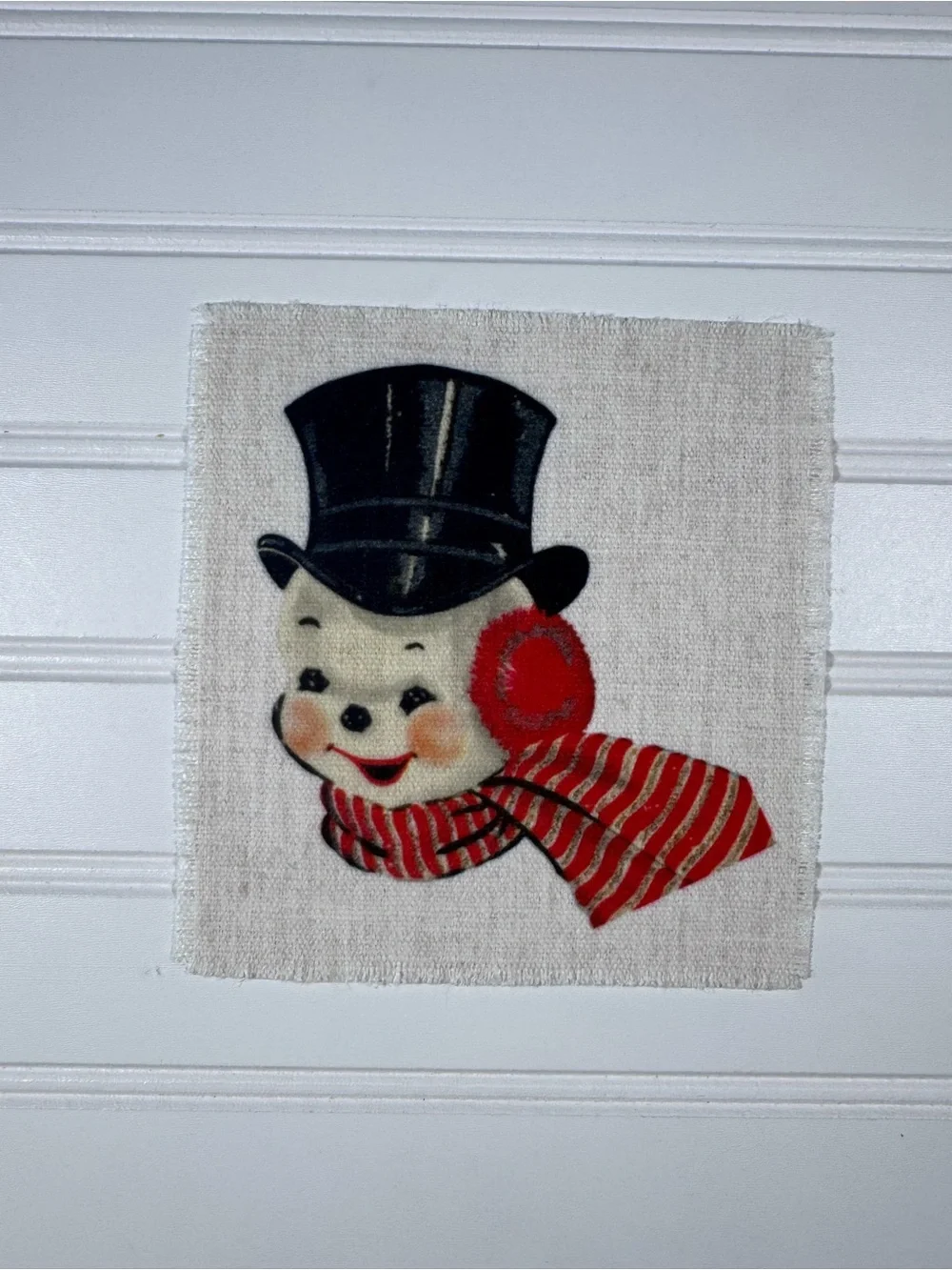 Vintage Snowman Fabric Patch with Top Hat and Red Scarf